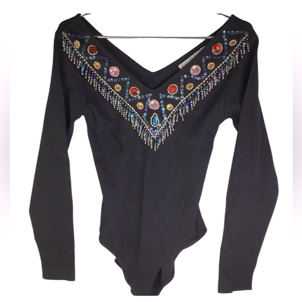 Vintage Bejeweled Black Bodysuit Sz L Rhinestone Long Sleeve Glam Festival A142